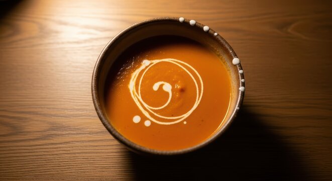 Creamy tomato soup with artistic cream swirl in ceramic bowl on wooden table