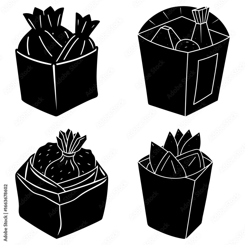 Poster illustration showing four containers filled with various food items in a graphic style design
