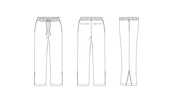 tracksuit pants flat sketch vector, outline drawing, straight technical flat sketch, front view and back view with side view, apparel design template white background