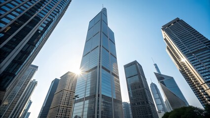 Towering modern skyscrapers reaching towards a bright blue sky