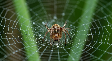 Garden Spider Poised at the Center of its Glistening DewLaden Orb Web.