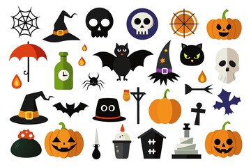 A collection of halloween icons including pumpkins, bats, witches hats, skulls, spiders, ghosts, and haunted houses isolated on a white background