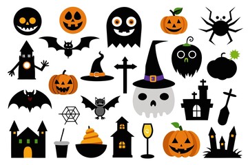A variety of halloween themed illustrations featuring pumpkins, bats, witches hats, skulls, spiders, and haunted houses isolated on white