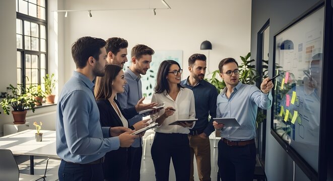 Group of professionals team work collaborating during a brainstorming session in a modern office