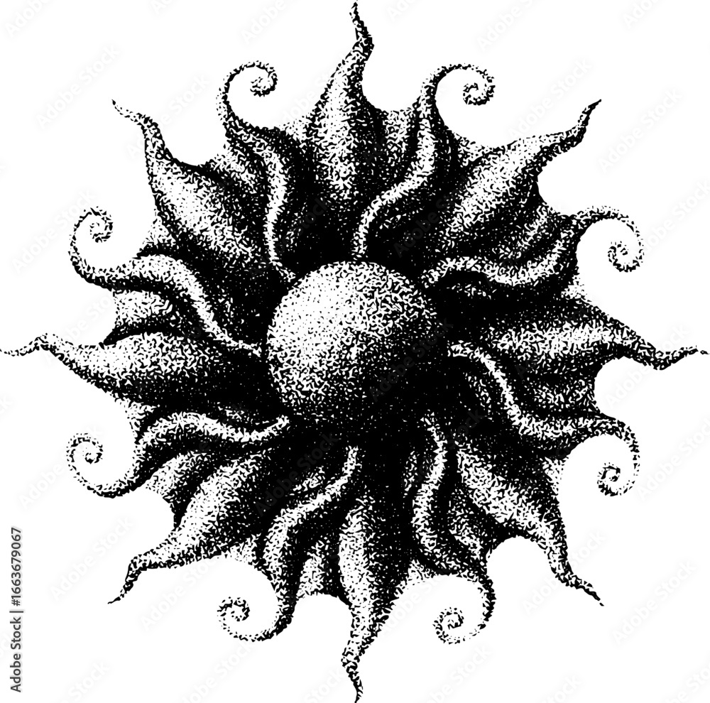 Poster psychedelic stipple art of sun with dynamic swirling rays for design projects