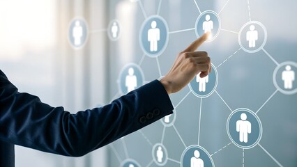Business professional interacting with a digital network of people icons