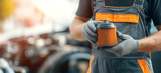Auto mechanic changing oil filter during commercial shoot, sharp focus on engine and tools, blurred background with bright professional workshop colors