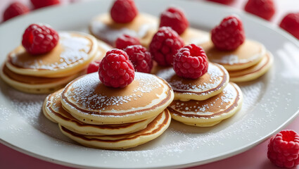 Mini pancakes dusted with powdered sugar and topped with raspberries