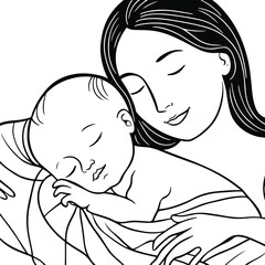 Line art illustration of a baby sleeping peacefully next to mother, thin smooth strokes, minimal abstract style.