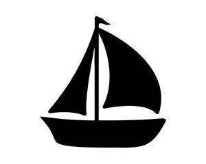 Simple black silhouette of a sailboat sailing on the water against white