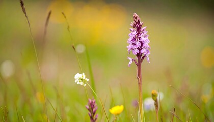 A vibrant purple orchid flower stands tall amongst a field of wildflowers, bathed in soft, natural light.