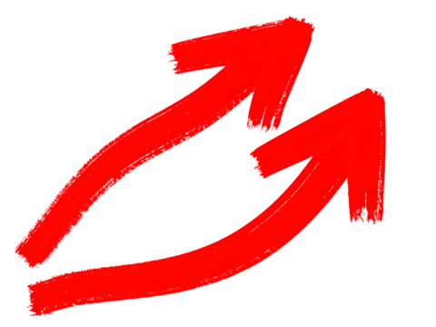 Pair of Curved Red Paint Stroke Arrows, Hand-Drawn Style, Transparent Background