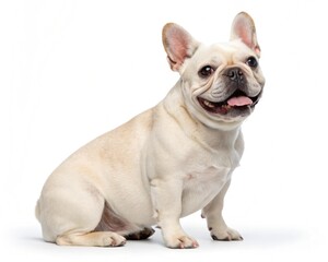 Obraz premium A purebred, adorable French bulldog puppy with a brown and black coat stands isolated on a clean white background