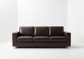 A dark brown leather three seater sofa, centered in the image