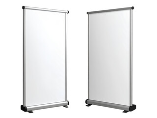 Pair of Modern Roll-Up Banner Stands with Blank White Displays, Realistic 3D Render, Transparent Background