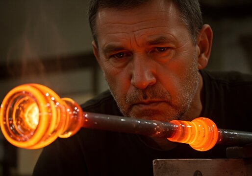 Skilled artisan glassblower meticulously shapes molten hot glass into a beautiful art piece with intense focus and craft