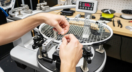 Close-up of hands stringing a tennis racket on a professional stringing machine. Sports equipment maintenance and preparation.