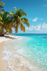 Fototapeta premium Paradise tropical beach with leaning palm trees, white sand, and crystal clear turquoise ocean.