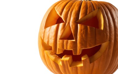 Mischievous Jack-o'-Lantern Close-up with Warm Glow on White