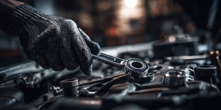 The mechanic using a wrench to repair an engine in a garage setting