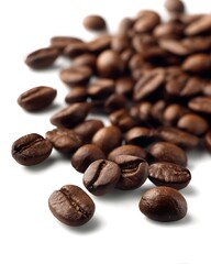 Naklejka premium Rich Roasted Coffee Beans Scattered on White Background Isolated Close Up