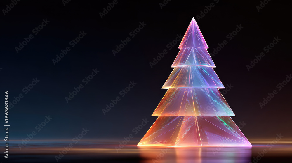 Poster holographic christmas tree illuminating a dark background with neon lights, creating a festive and f