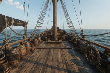 Sailing ship deck, ocean voyage, sunny day, barrels, historical game