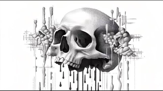 Dynamic skull artwork motion with dripping effects, intricate textures and abstract forms,