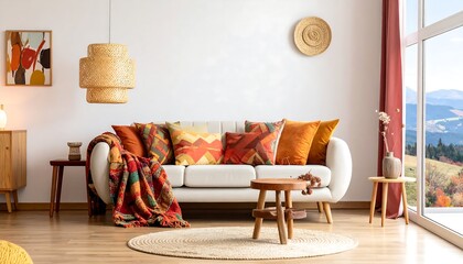 A cozy living room with a modern bohemian aesthetic, featuring a white sofa adorned with vibrant patterned pillows and throws, complemented by a natural woven pendant lamp and a view of a mountain...
