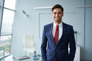 Fototapeta premium A smiling man in a blue suit and red tie stands in an office with a large window behind him smiling