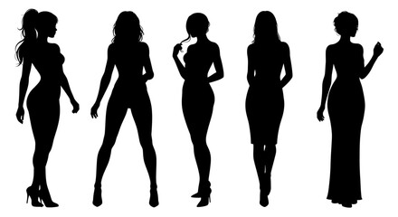 Three Stylish Women Posing in Different Outfits in a Black Silhouette Style on a White Background silhouette