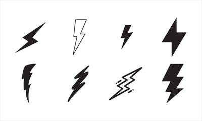 Set of different lightning bolt shapes and styles isolated on white background