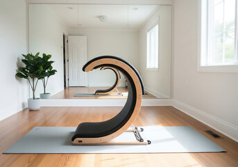 Modern Pilates studio with curved wooden exercise equipment and large mirror for focused workouts