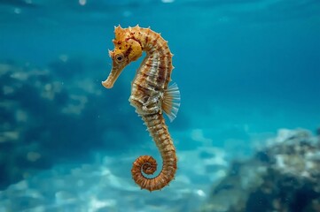 Seahorse swimming ocean reef background aquarium