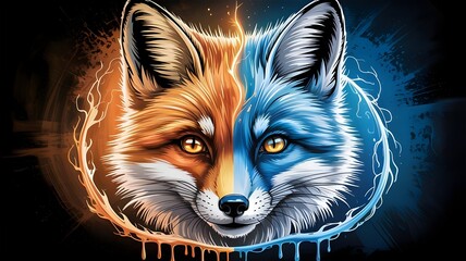 Split-Face Fox: Ember Orange vs Azure Blue &ndash; Electric Energy, Dripping Grunge, High Detail