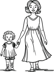  Line drawing of a mother holding child’s hand while walking, simple outline, black and white vector 2