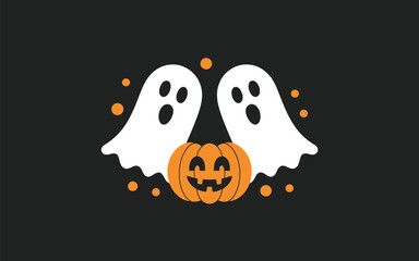 Obraz premium Minimalist Halloween Ghosts with Smiling Pumpkin on Black Background