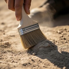 Archaeologist carefully brushing dirt from soil during excavation with focus on detail and discovery