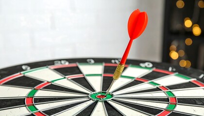 A red dart poised precisely in the bullseye of a dartboard, highlighting the concept of accuracy and focus.
