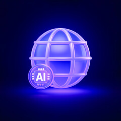 Neon glowing AI and globe icon symbolizing global artificial intelligence, worldwide technology integration, and digital connectivity
