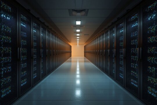 Server room corridor, data center, glowing racks, technology, background - Powered by Adobe