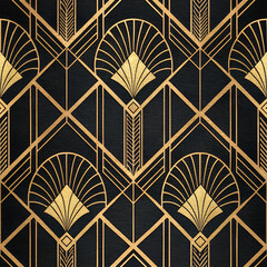 Seamless art deco pattern with golden geometric shapes on a black background