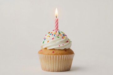 Single lit candle cupcake, white background