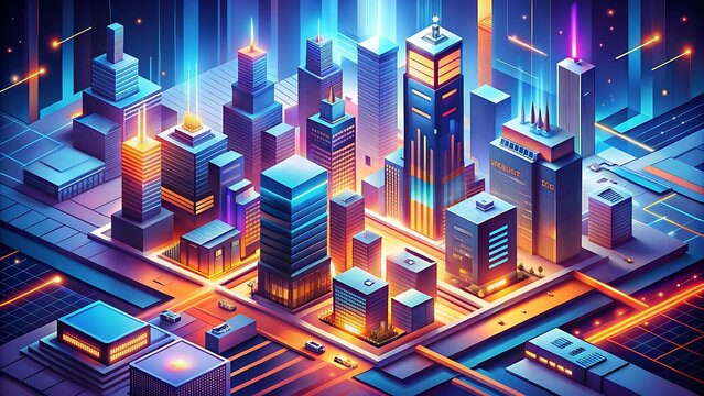 Futuristic digital cityscape with glowing neon lights and data networks, representing technology and urban development