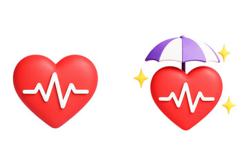 Heart Health Protection Icon – ECG Heart with Umbrella and Sparkles, heart health, ecg icon, cardiology, medical symbol, health insurance, protected heart, umbrella icon, PNG, 3D.