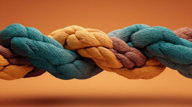 A close-up of several intertwined ropes of different colors against a neutral background