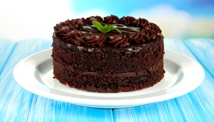A rich, chocolate cake with decadent chocolate frosting and a touch of mint sits on a white plate atop a light blue wooden table.