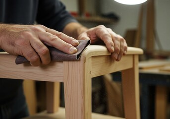 Skilled artisan hands carefully sanding smooth wooden furniture piece in a workshop, demonstrating traditional woodworking craftsmanship.