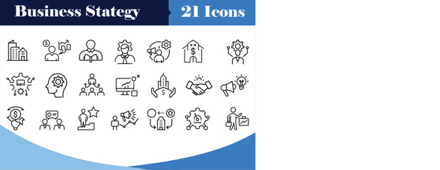 Business strategy and innovation icon set for planning, startup growth, corporate leadership, financial success, organizational productivity, teamwork collaboration, and learning knowledge skills