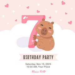 Birthday invitation design with capybara and number 7 on pink sky